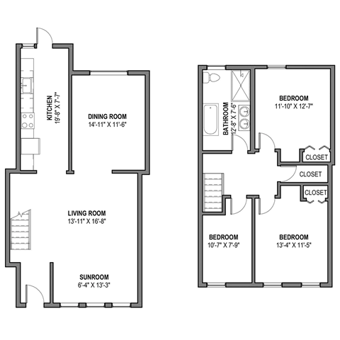 Floor plan for 3 beds, 2 baths, 1388 sqft